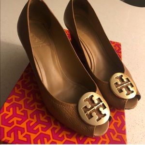 Tory Burch peep toe tan wedges